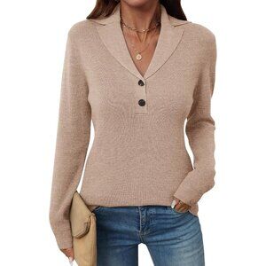 Sweaters for Women 2025 Fall Knitted V-Neck Collared Button Pullover Dressy Casu